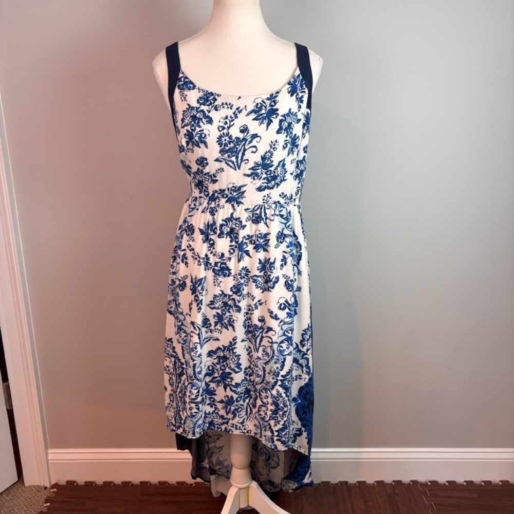 Elle Womens Blue Floral Hi-Low A-Line Sleeveless Dress sz XL Lined Wedding Guest